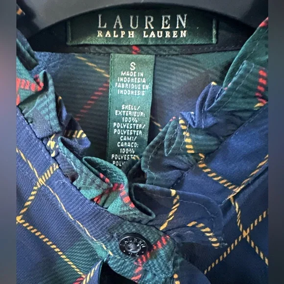 Lauren Ralph Lauren Green Plaid Ruffle Sleeveless Blouse Size Small - Picture 3 of 4